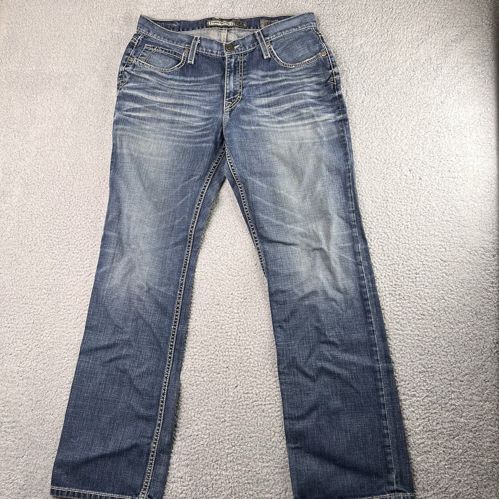 Buckle Mens Derek Straight Jeans Blue Whiskered Faded Dark Wash Denim 33R